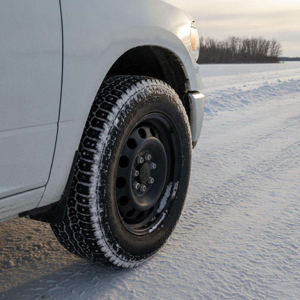 steel wheel with a winter tire on a pickup parked on a snowy gravel road