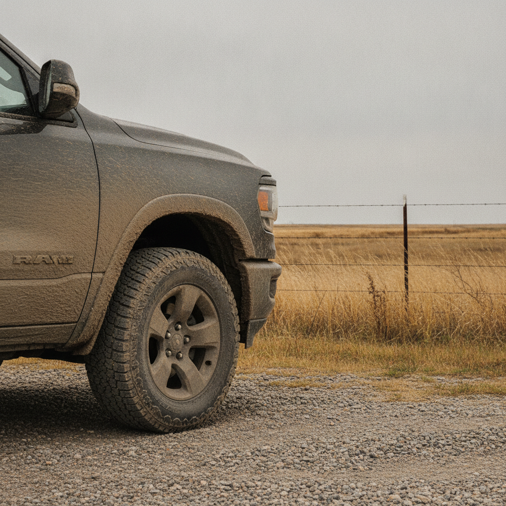 dust covered pickup lower body and front wheel well on a gravel farm approach in late fall