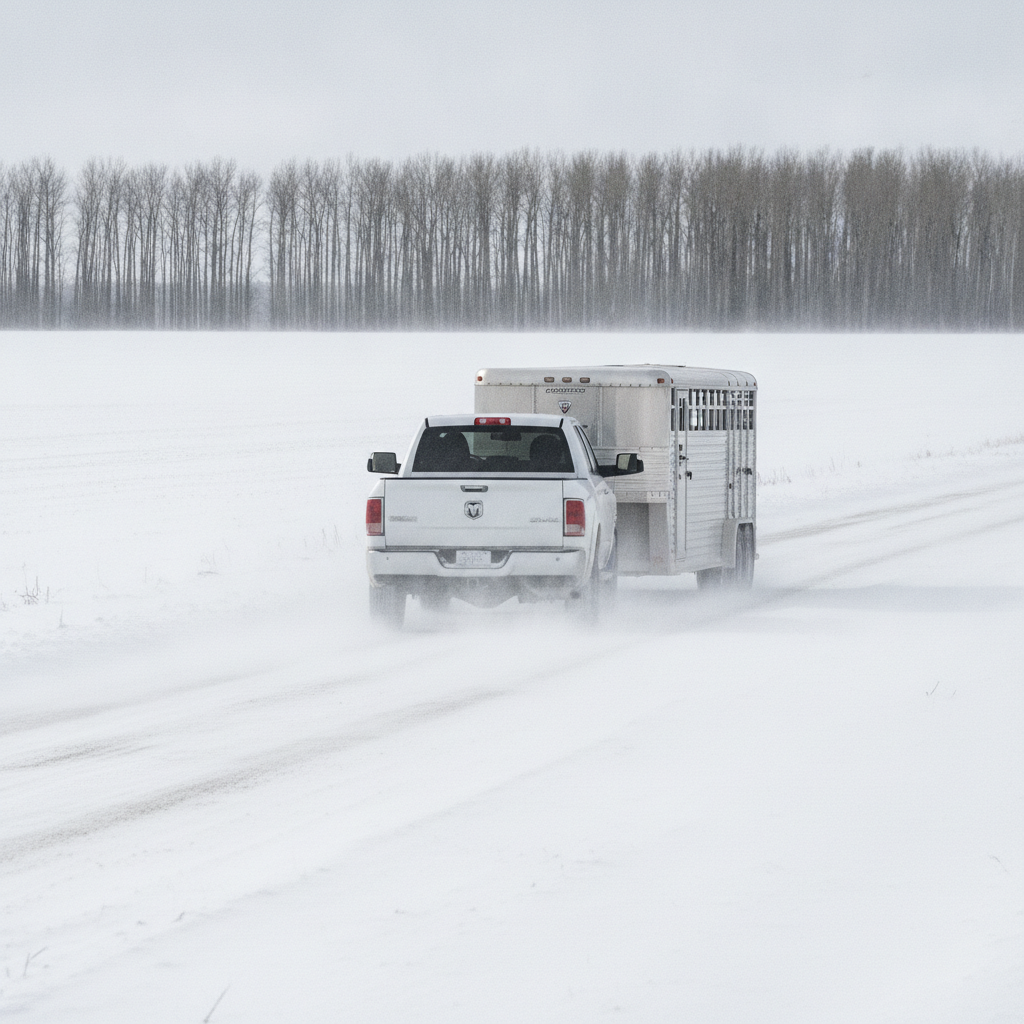 Ram heavy duty pickup towing a stock trailer on a snowy Manitoba section road in February