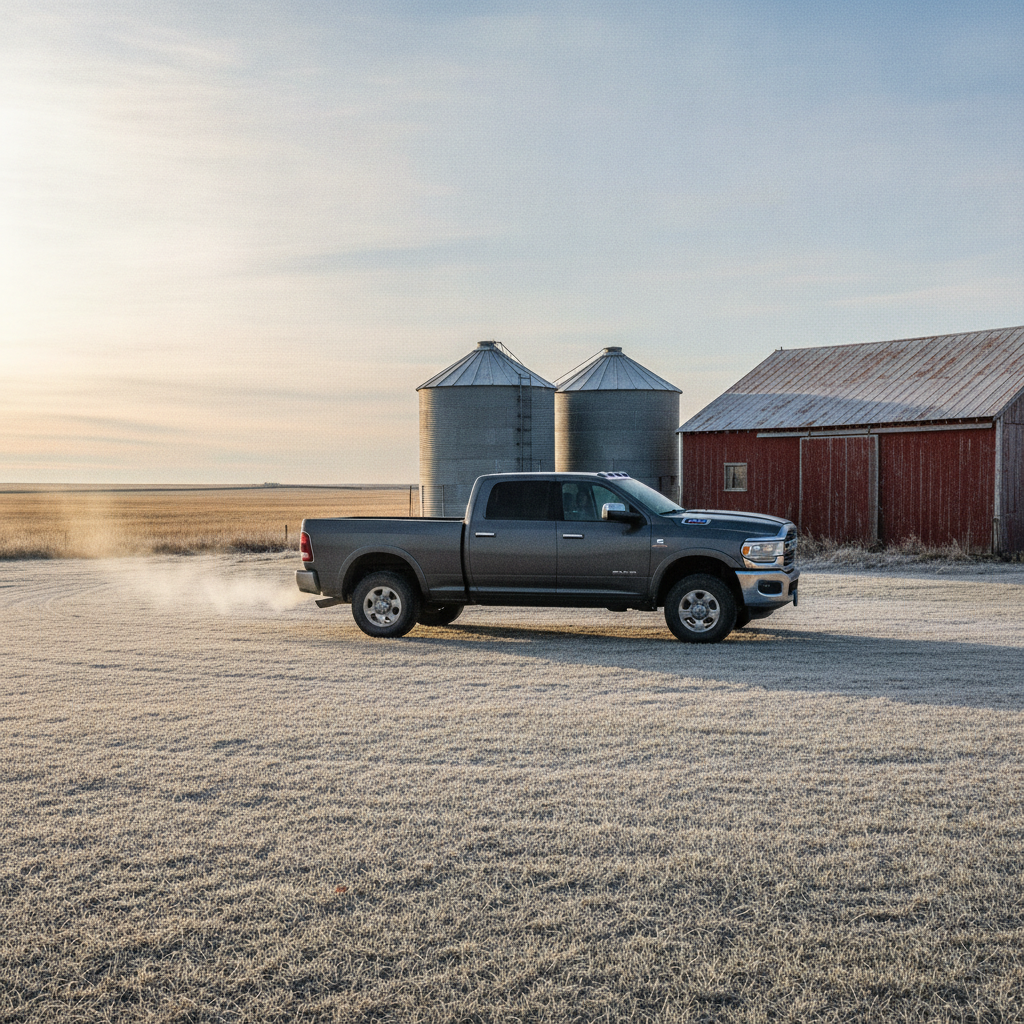 diesel pickup idling in a frosty Manitoba farmyard with grain bins behind