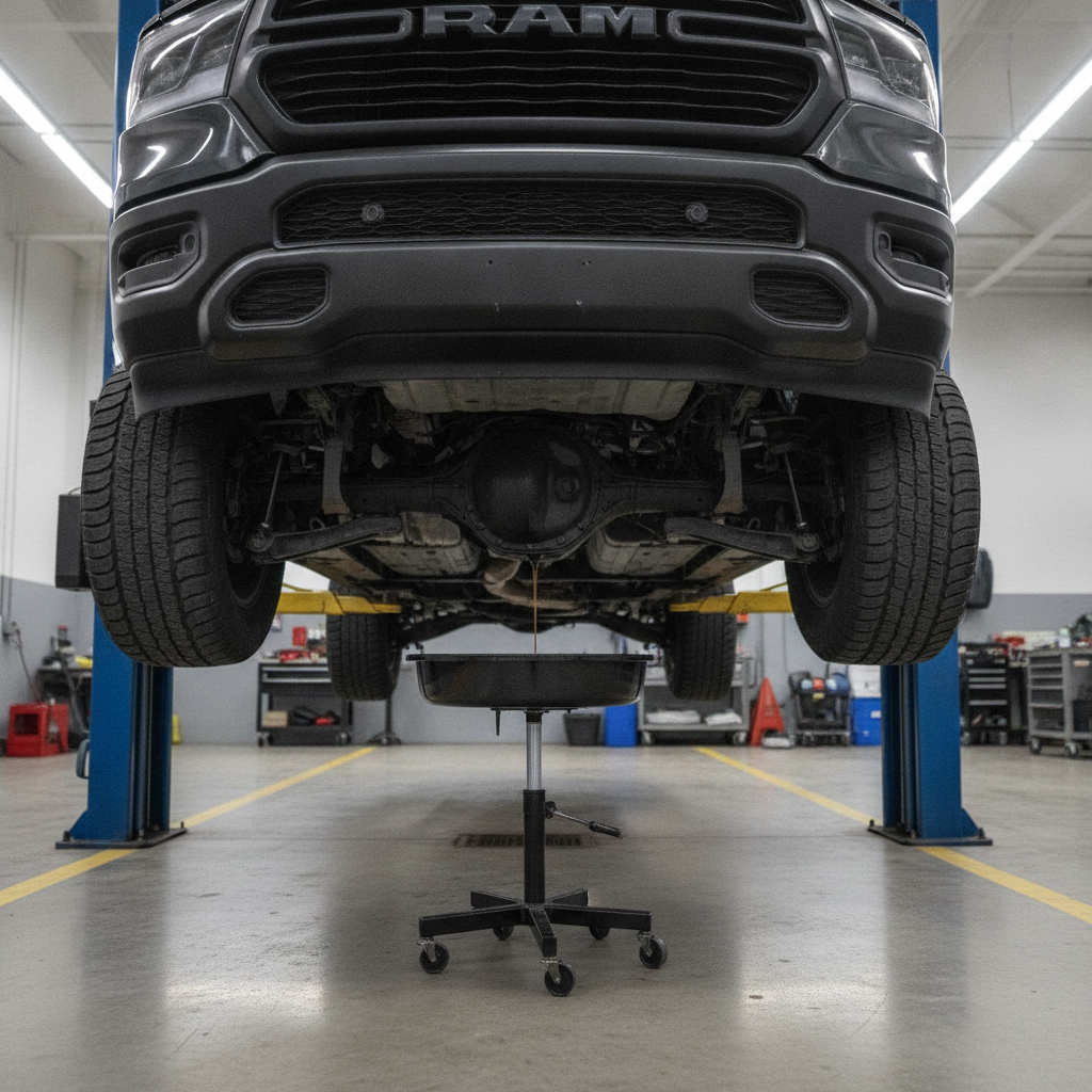 underside of a Ram pickup on a service hoist with a drain pan under the engine