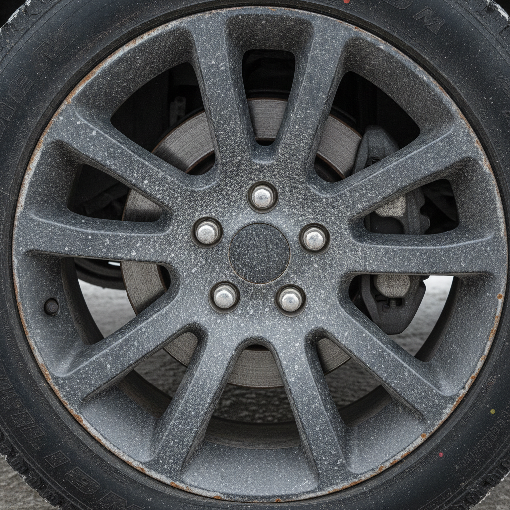 salt dusted truck wheel with the brake caliper and rotor visible through the spokes