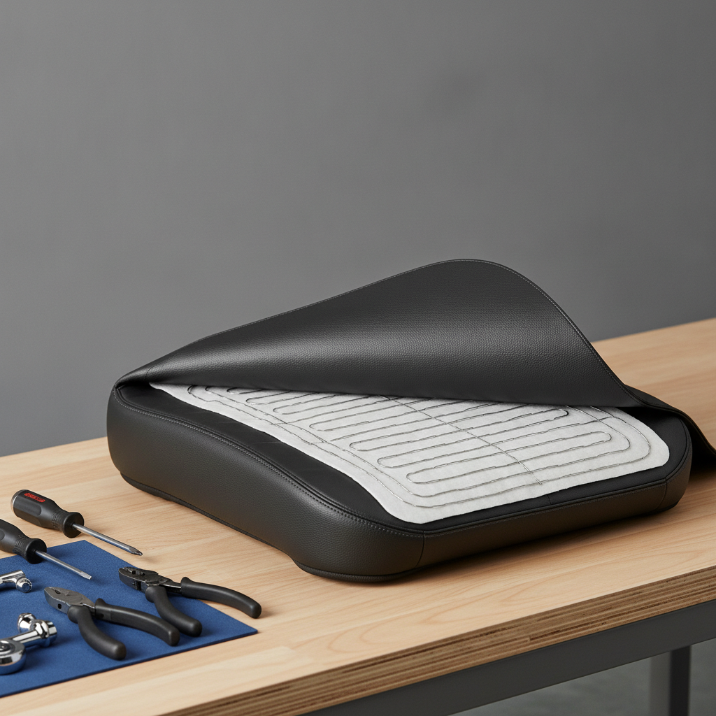 truck seat cushion on a workbench with the cover partly off showing the heating element