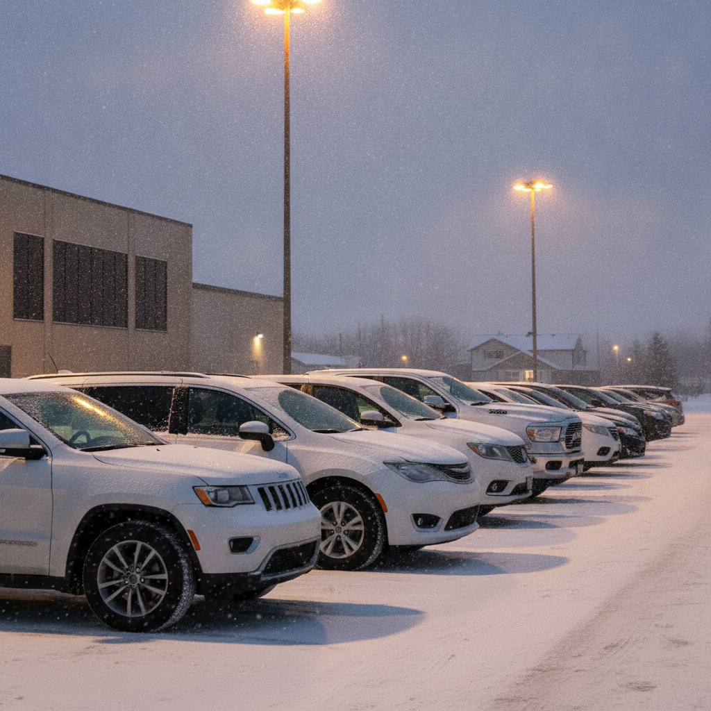 snowy small town arena parking lot at night with family SUVs parked under lights