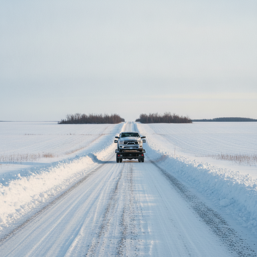 tow truck carrying a pickup down a snowy gravel road on the Manitoba prairie