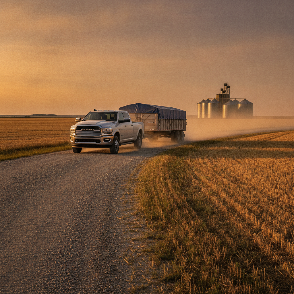 loaded grain trailer behind a pickup on a gravel grade beside a harvested field