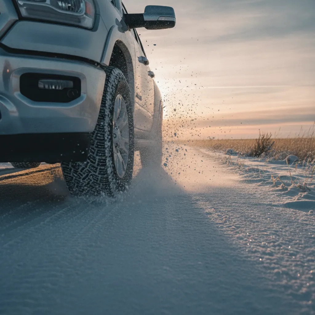 truck tire biting into packed snow on a rural prairie road in winter