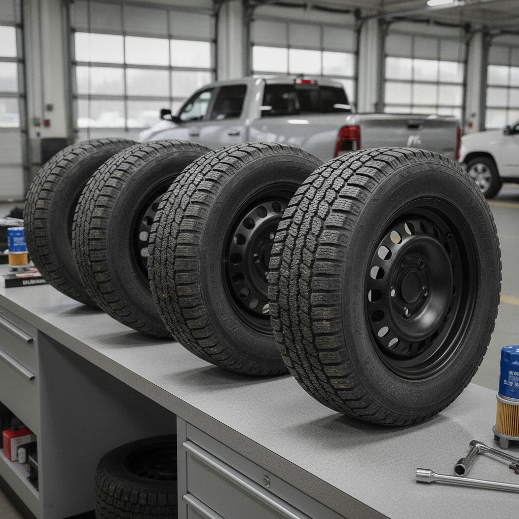truck winter tires mounted on steel wheels lined up at a dealership parts counter