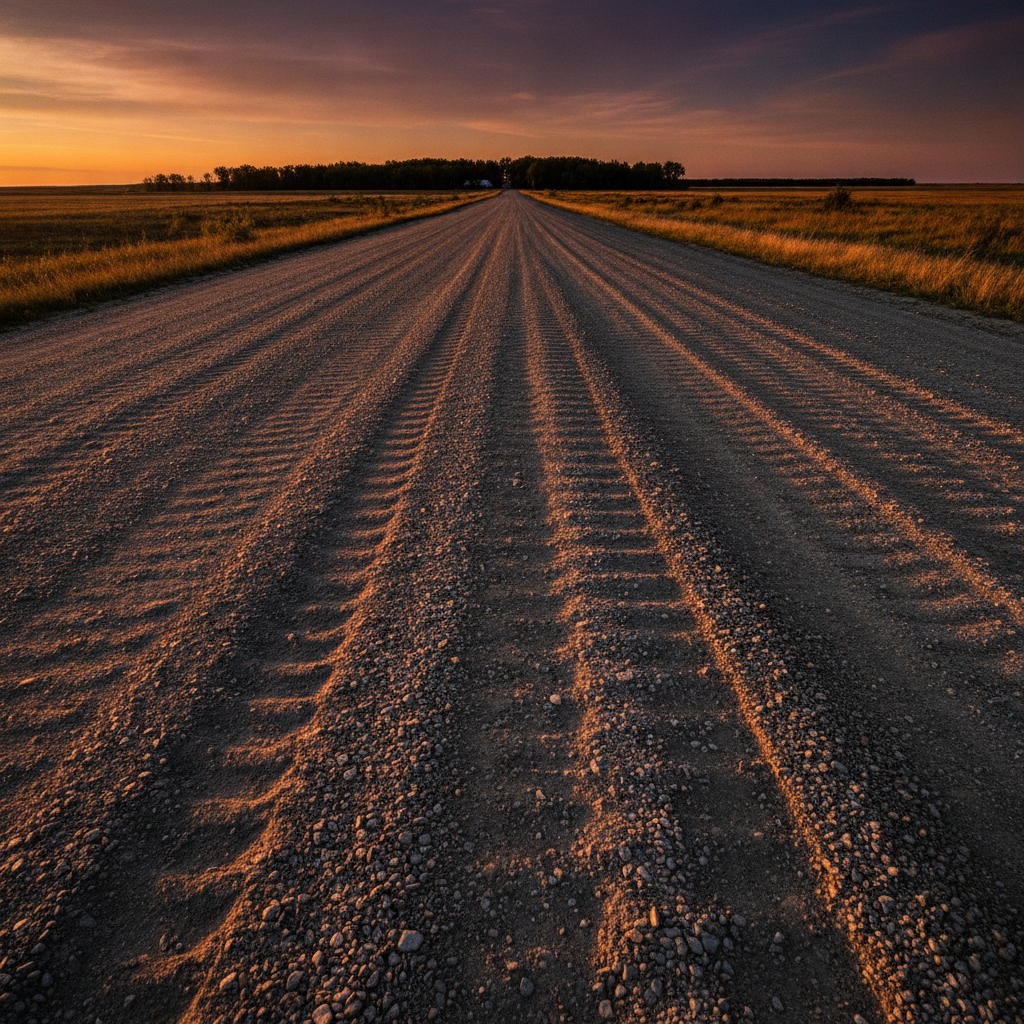 rutted washboard gravel approach road leading toward a farmyard treeline at dusk