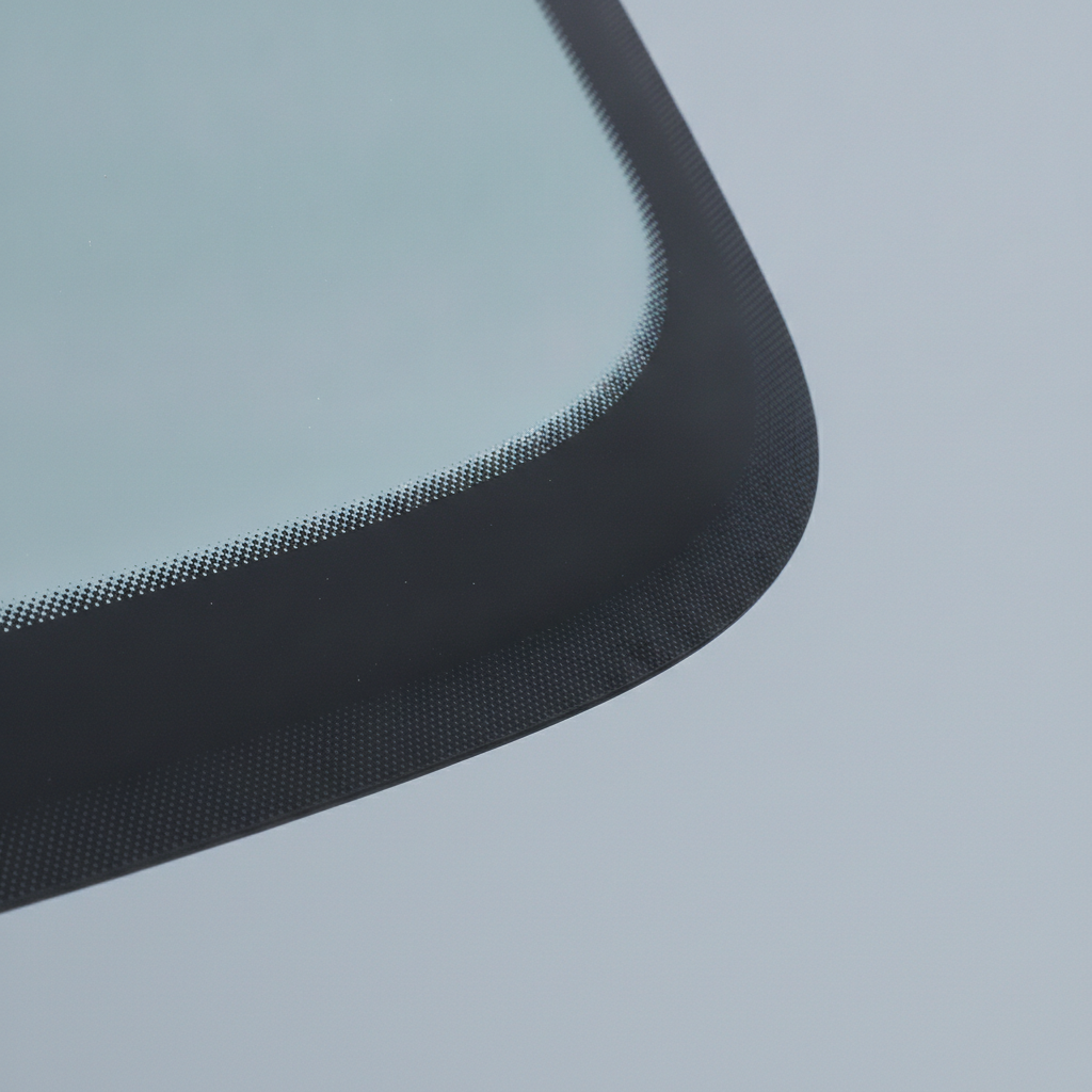 close up of a windshield edge showing the black ceramic border against a plain background