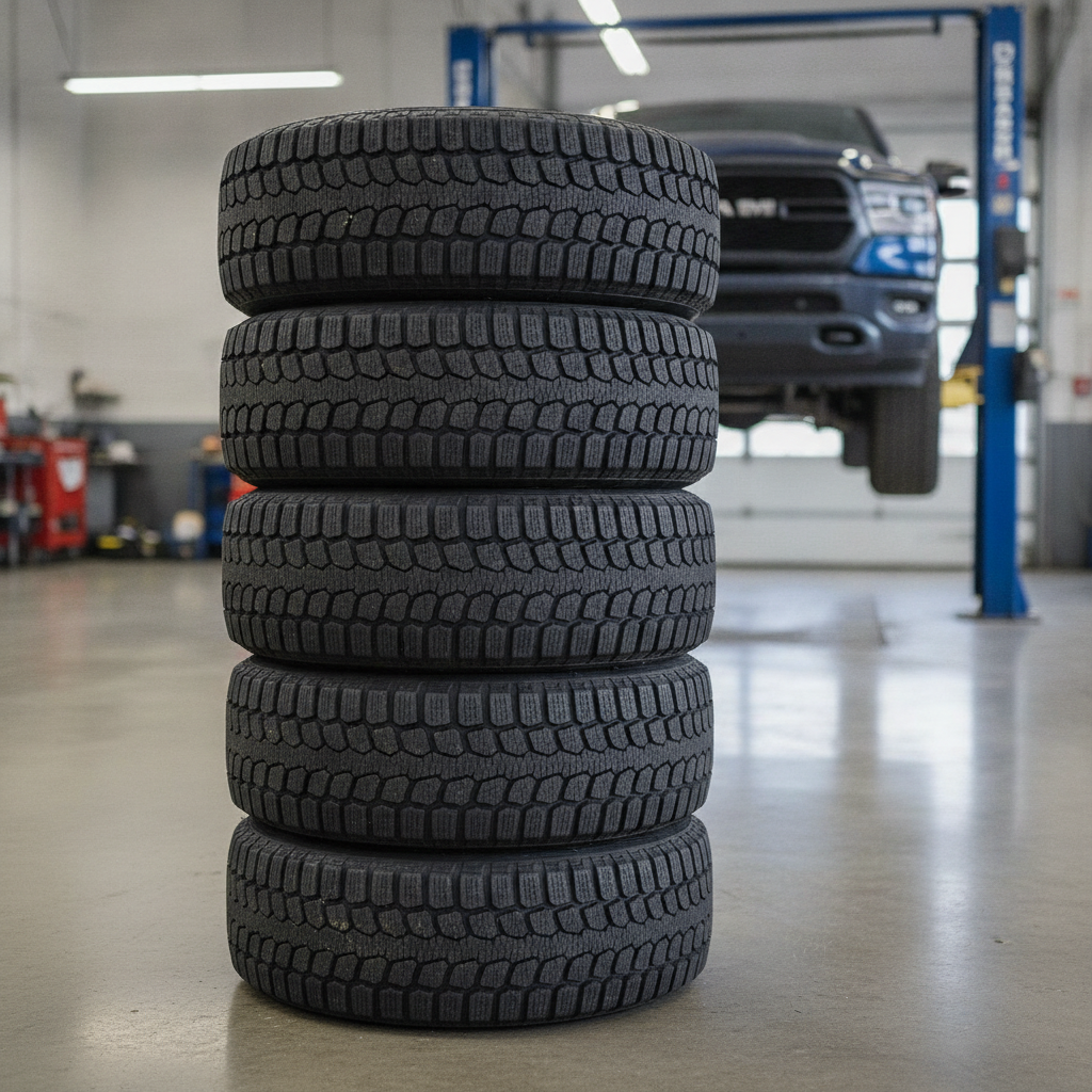 set of four truck winter tires mounted on wheels stacked on a service shop floor