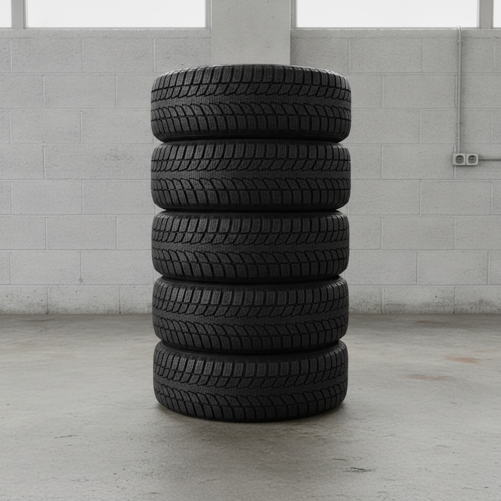 four winter tires on steel wheels stacked on a shop floor