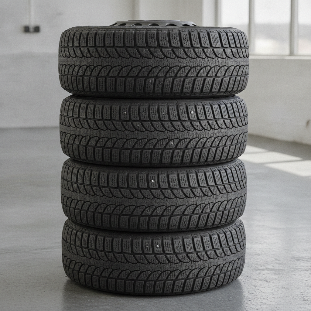 four winter tires on steel wheels stacked on a shop floor