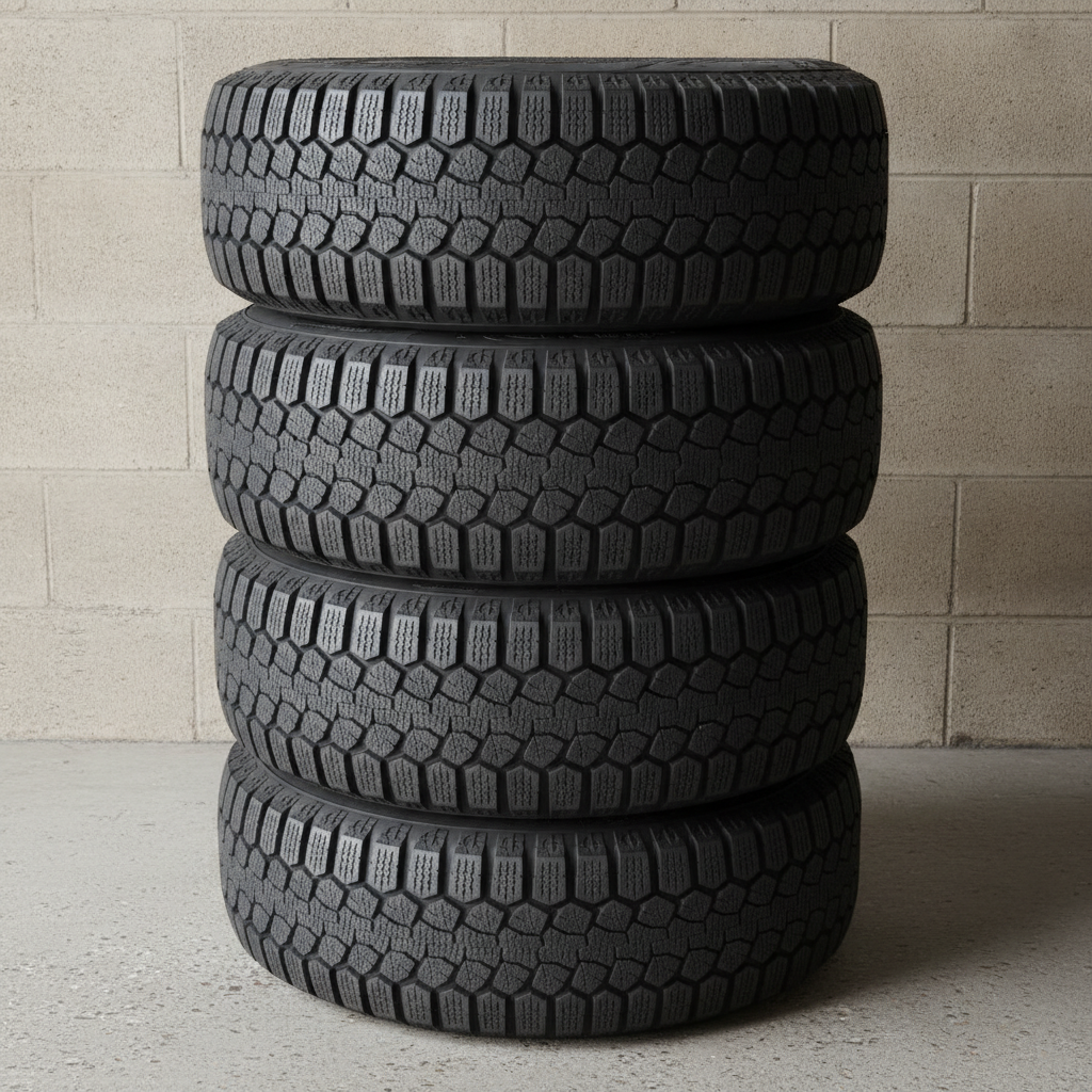 four steel wheels with winter tires stacked on a garage floor
