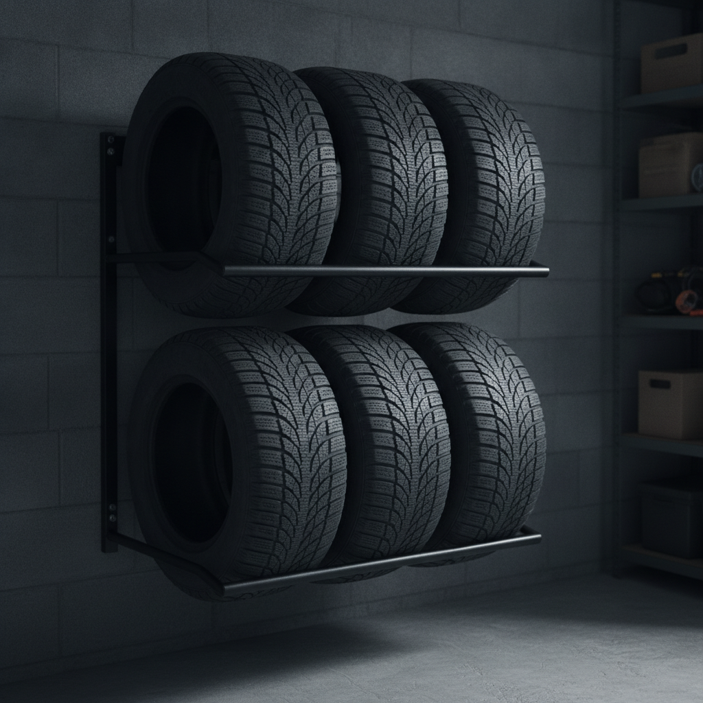 clean winter tires stored on a wall rack in a cool dim garage