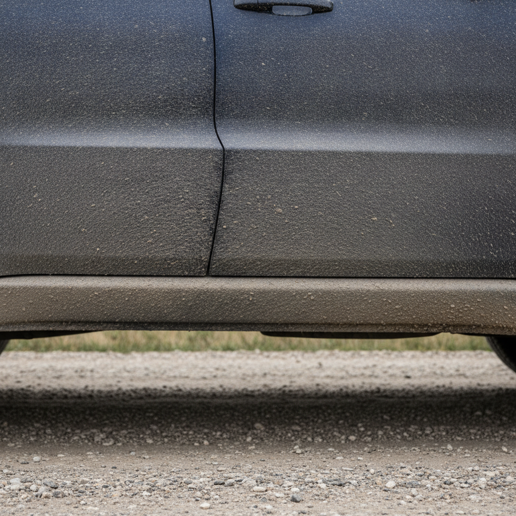 lower door and rocker panel of a dark blue SUV covered in grey gravel road dust