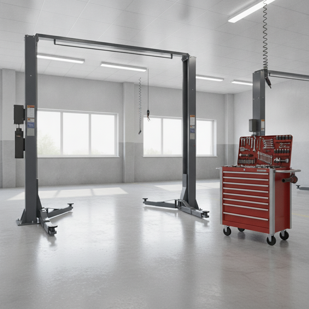empty service bay with a two post hoist raised to working height