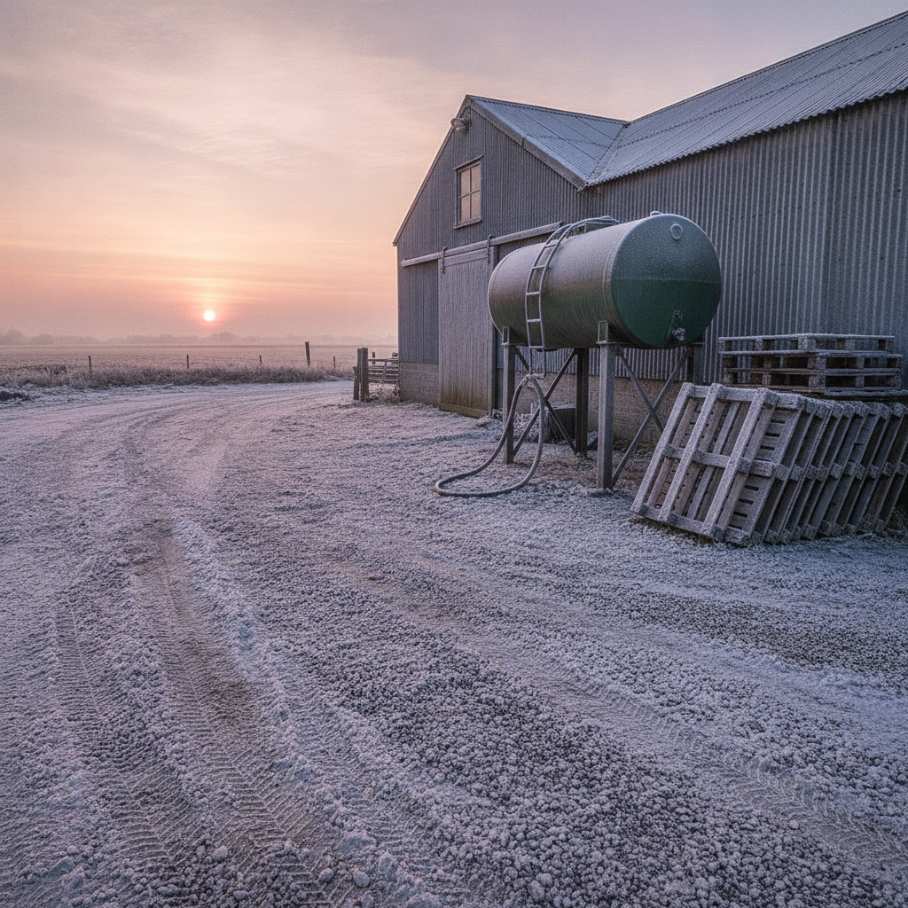 frost covered gravel yard behind a farm shop at winter sunrise with pallets and a fuel tank