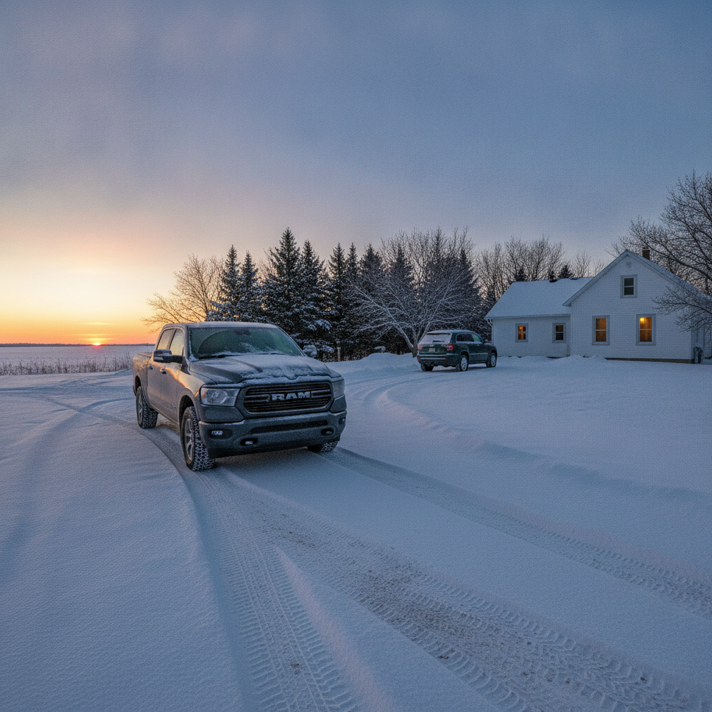 Snowy rural Manitoba farm driveway at dawn with fresh tire tracks leading to a lit farmhouse