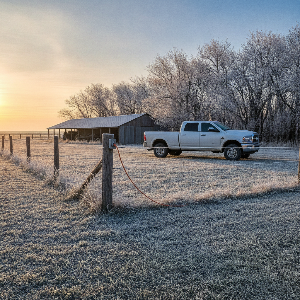 heavy duty pickup parked in a frosty Manitoba farmyard at sunrise