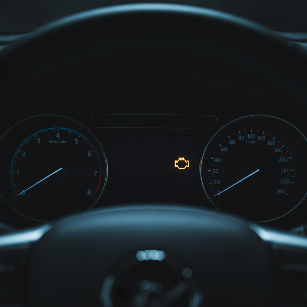 vehicle instrument cluster at night with a single amber engine warning symbol lit