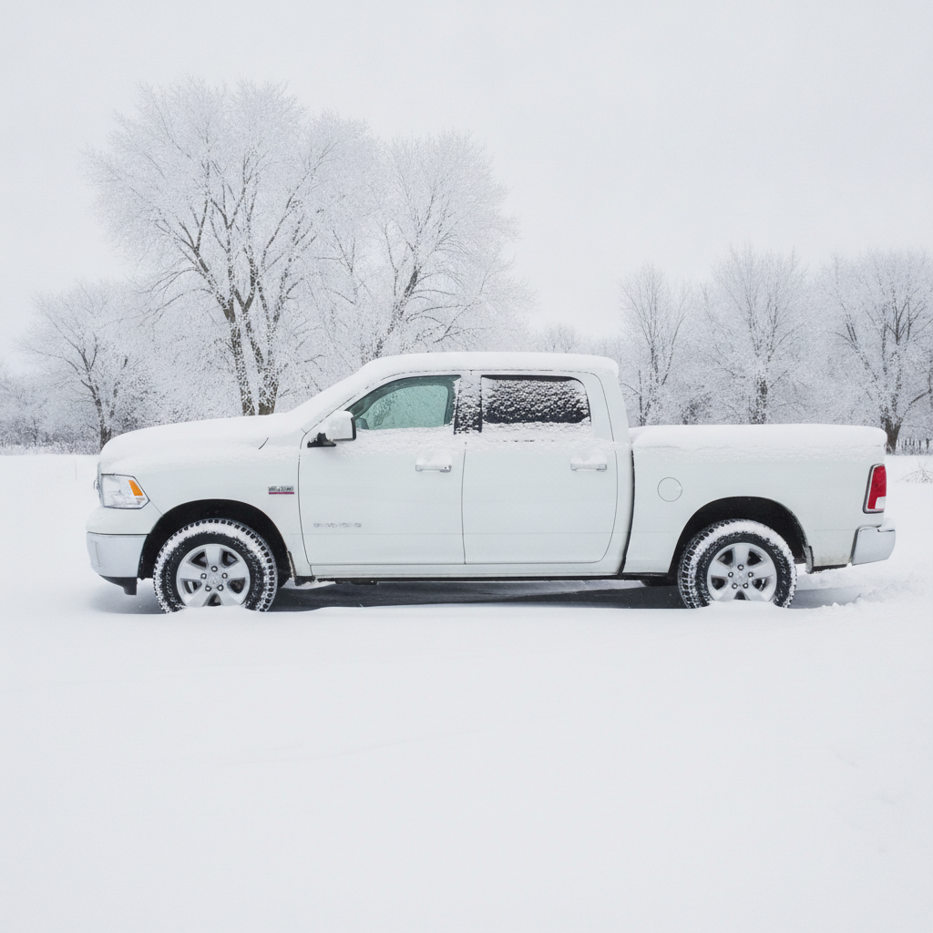pickup truck parked in a snowy rural yard with snow drifted against the tires