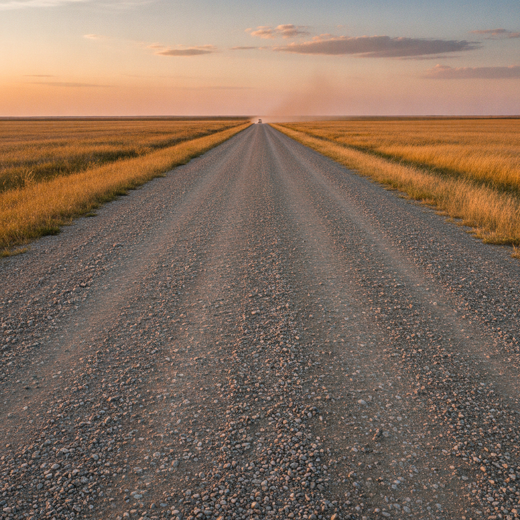 a gravel grid road through flat prairie farmland with dust drifting in the distance