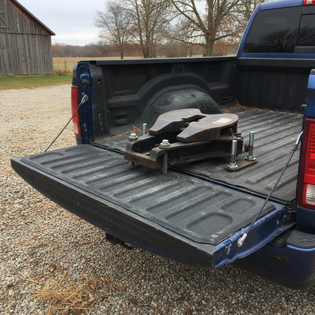 fifth wheel hitch head sitting on the open tailgate of a pickup on a gravel farmyard