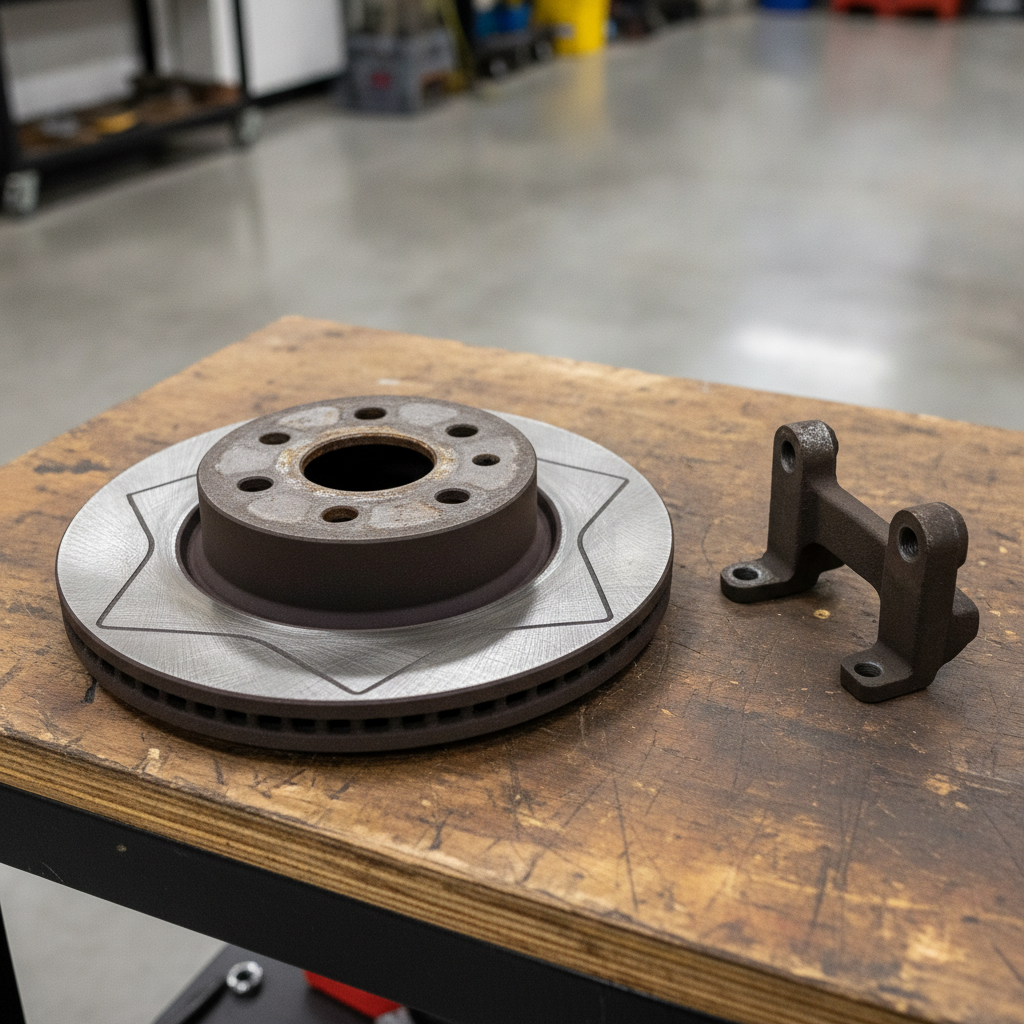 brake rotor and caliper bracket removed and resting on a shop workbench