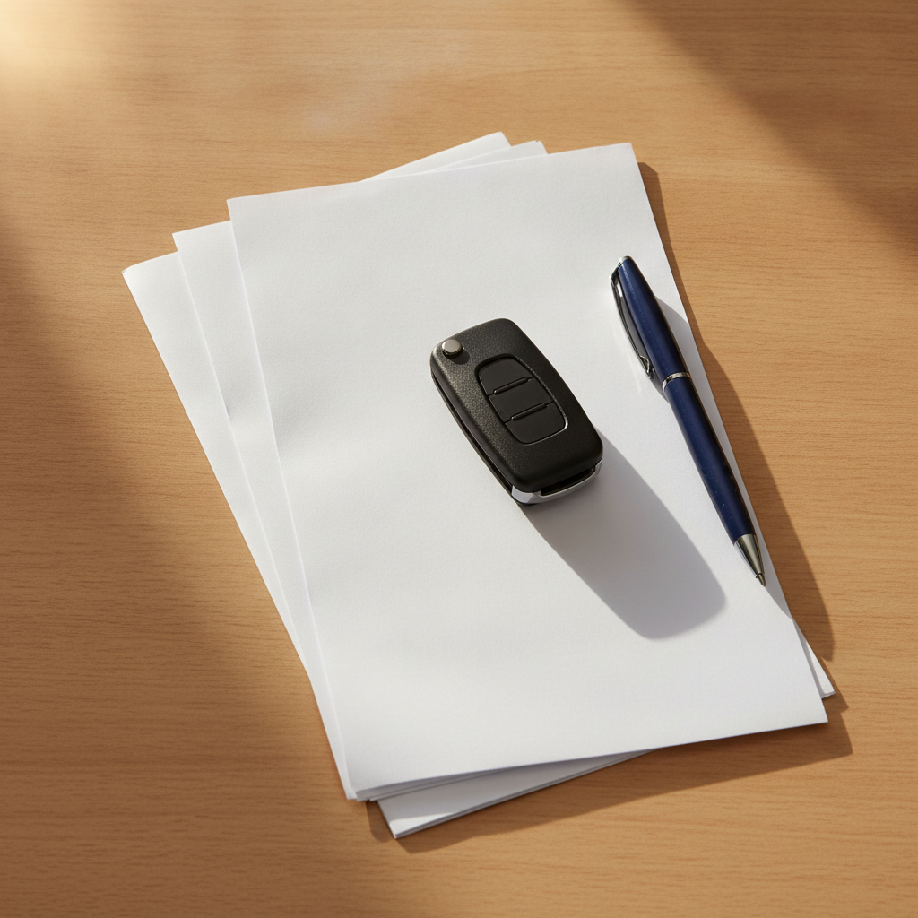 stack of service invoices, a spare key fob and a pen on a kitchen table in morning light
