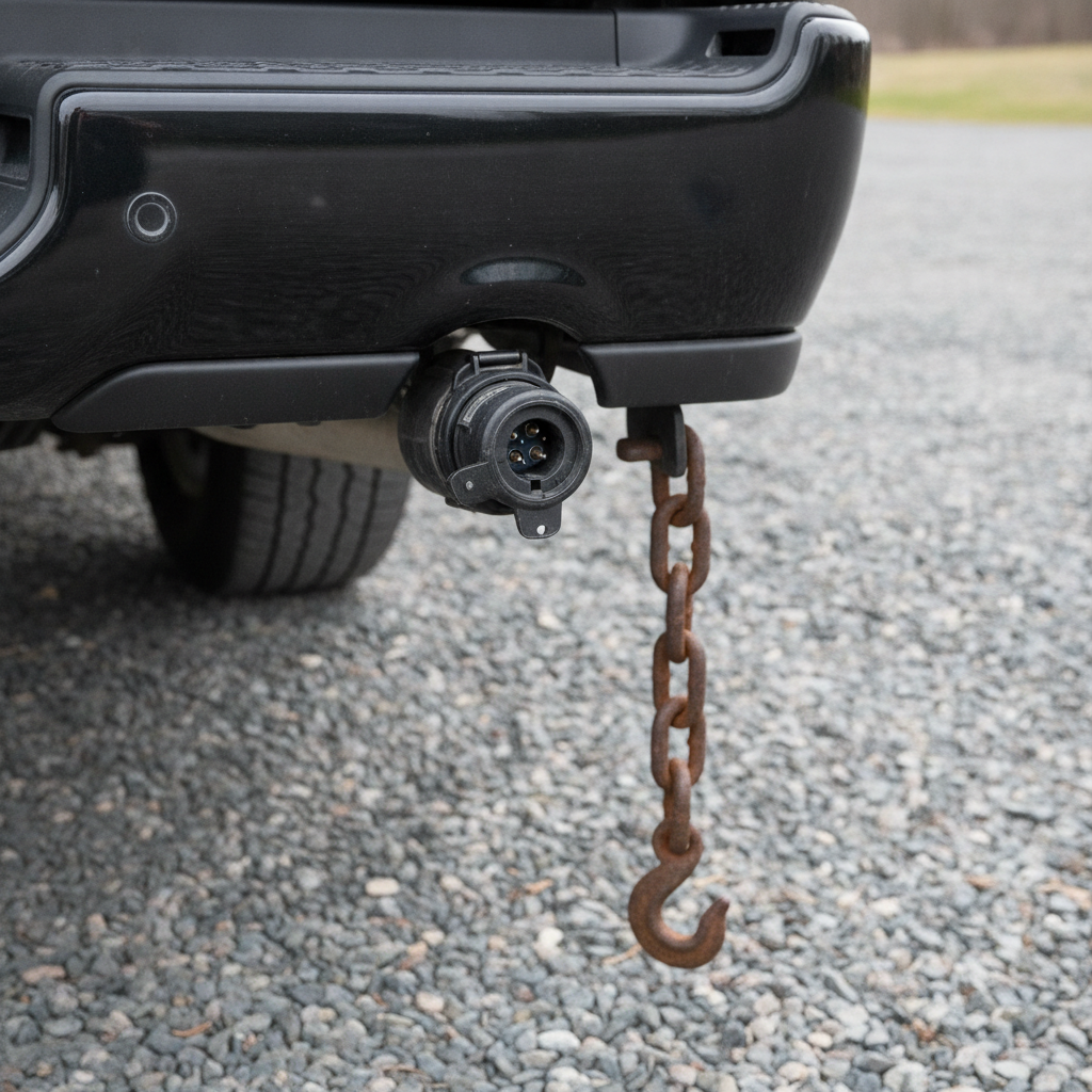 seven pin trailer wiring connector and safety chain beneath a rear bumper