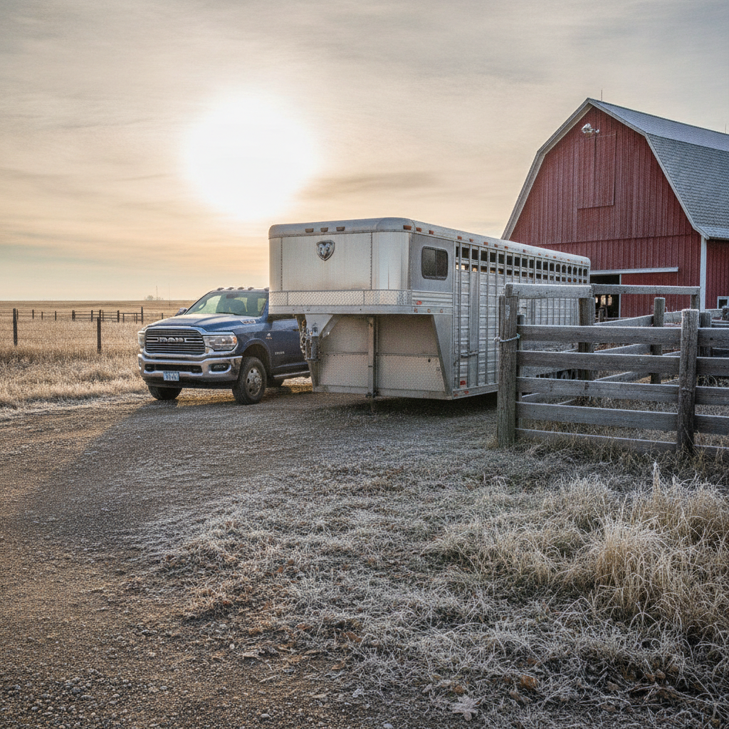 aluminum gooseneck stock trailer parked beside a corral in a prairie farmyard