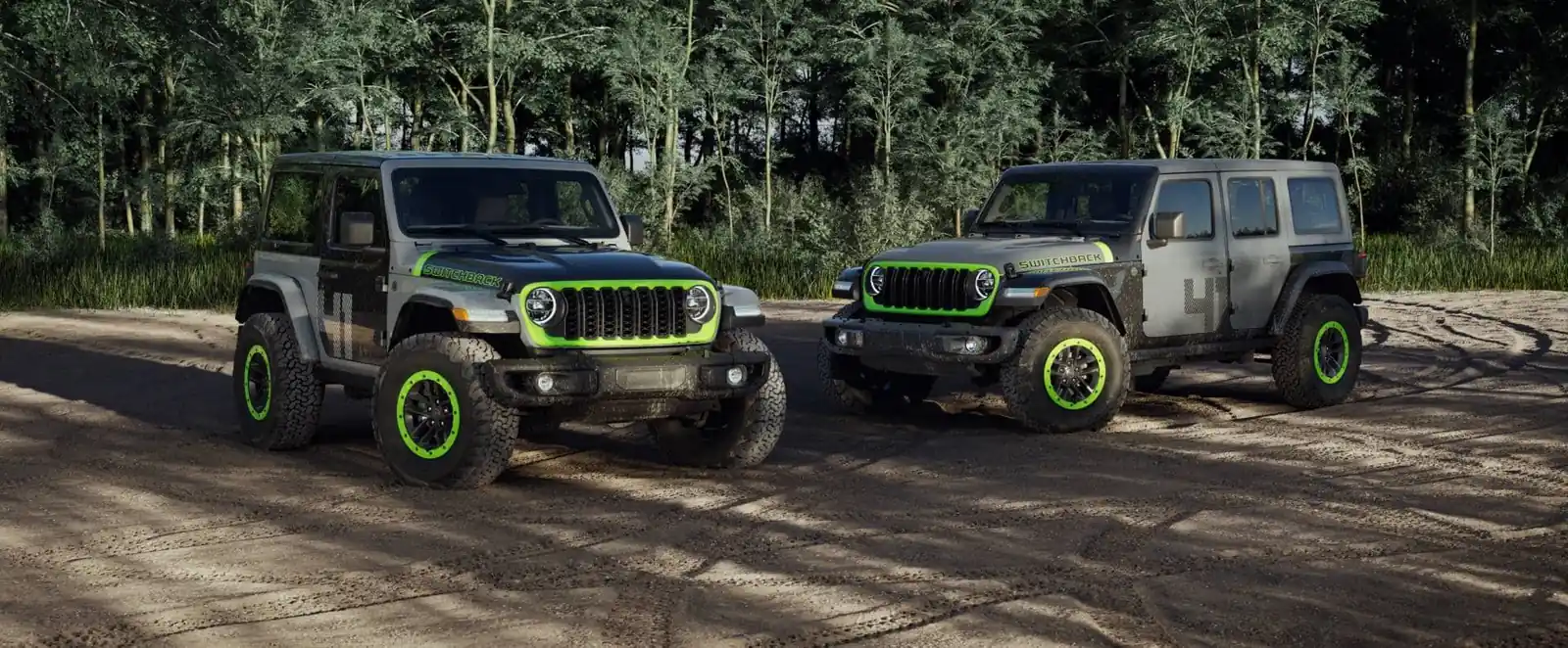 2027 Jeep Wrangler Switchback two door and four door side by side with swapped Gloss Black and Sting Grey hoods and doors