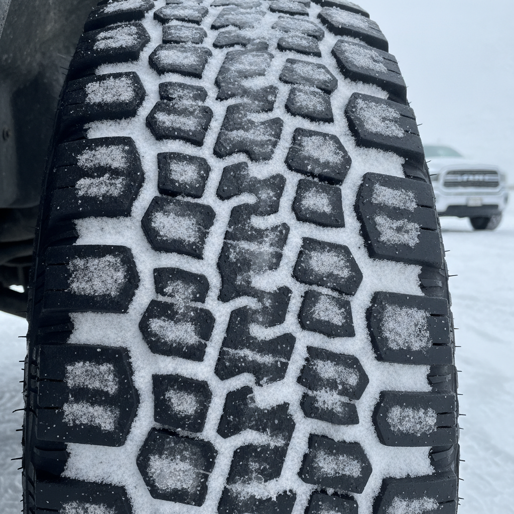 close up of an all terrain tire tread with slush and snow caught in its wide grooves