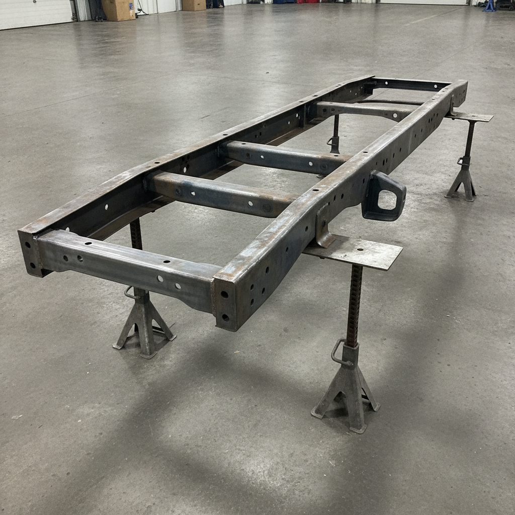 bare steel truck frame rails on stands in a clean shop
