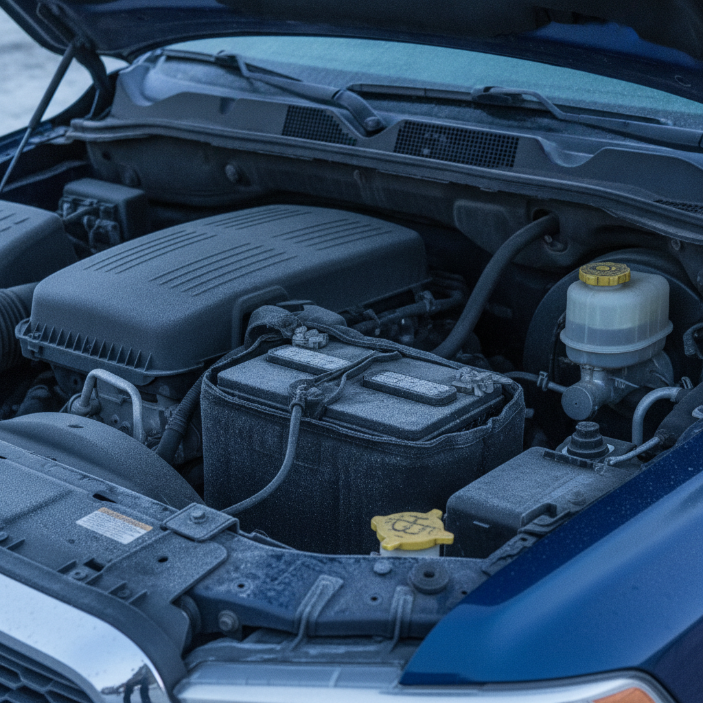 battery wrapped in an insulated heating blanket under the hood of a pickup on a frosty morning