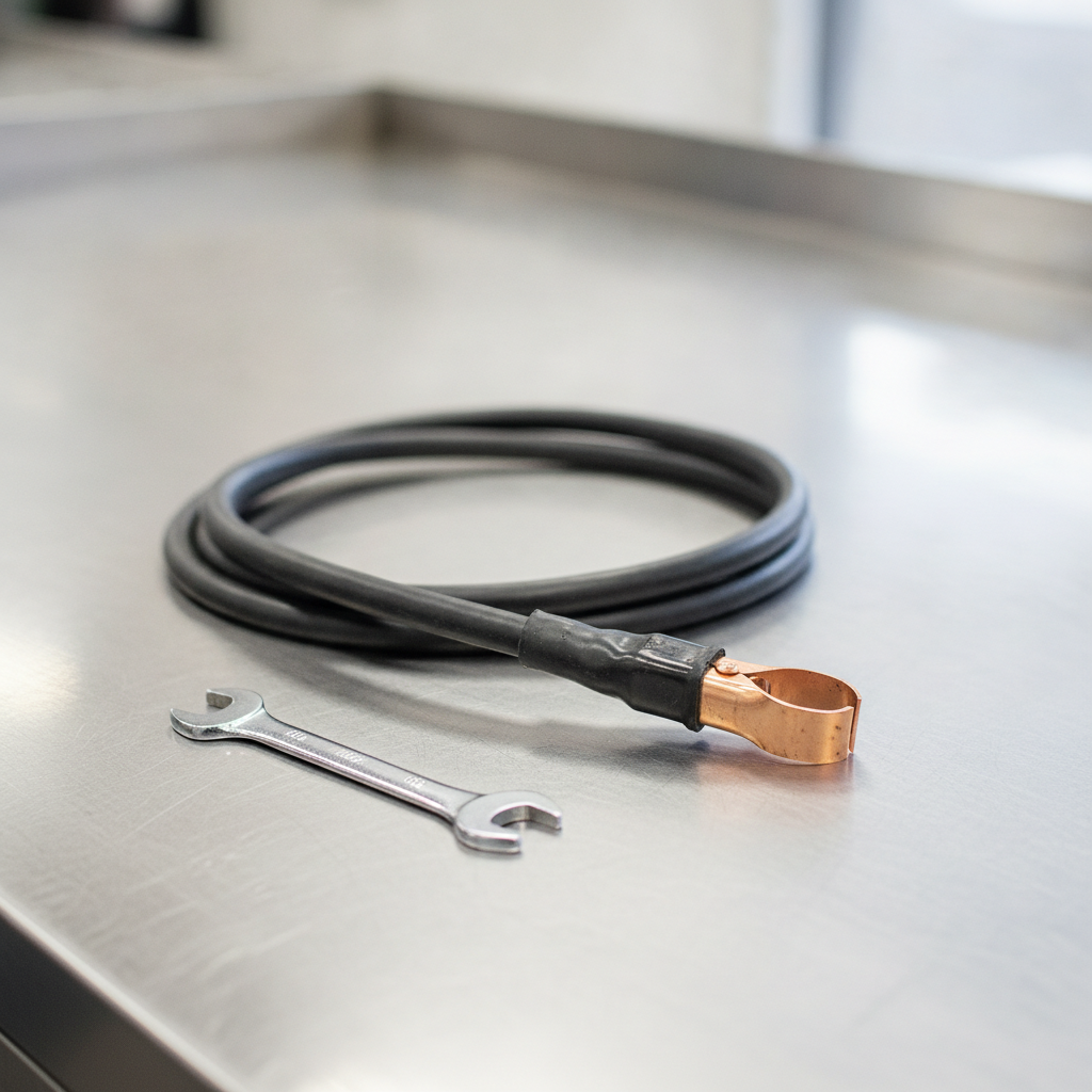 battery cable clamp beside a small open end wrench on a steel workbench