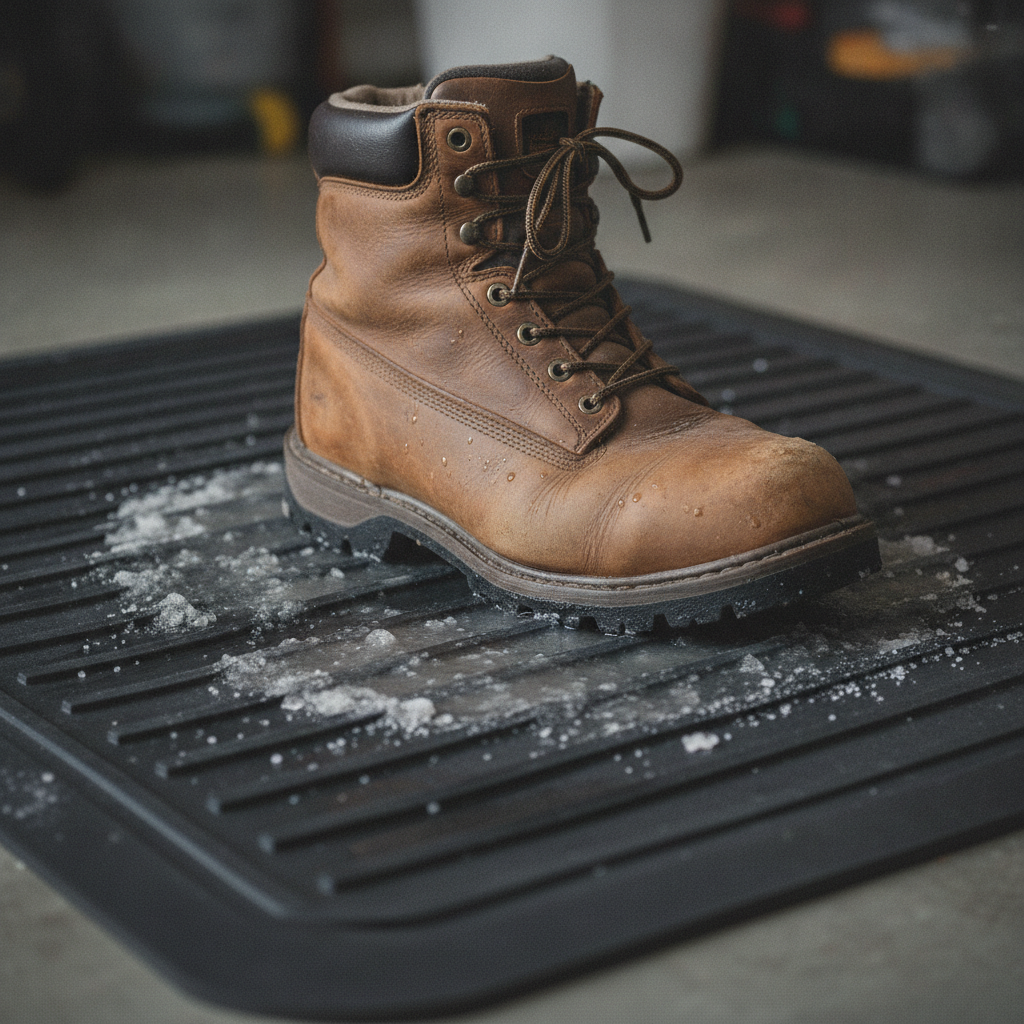winter work boot on a ribbed rubber floor mat with melting slush and road salt