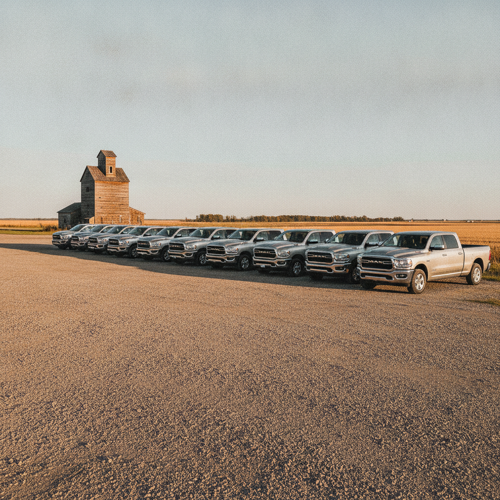 Used Ram pickup trucks parked on a gravel dealership lot in a Manitoba prairie town