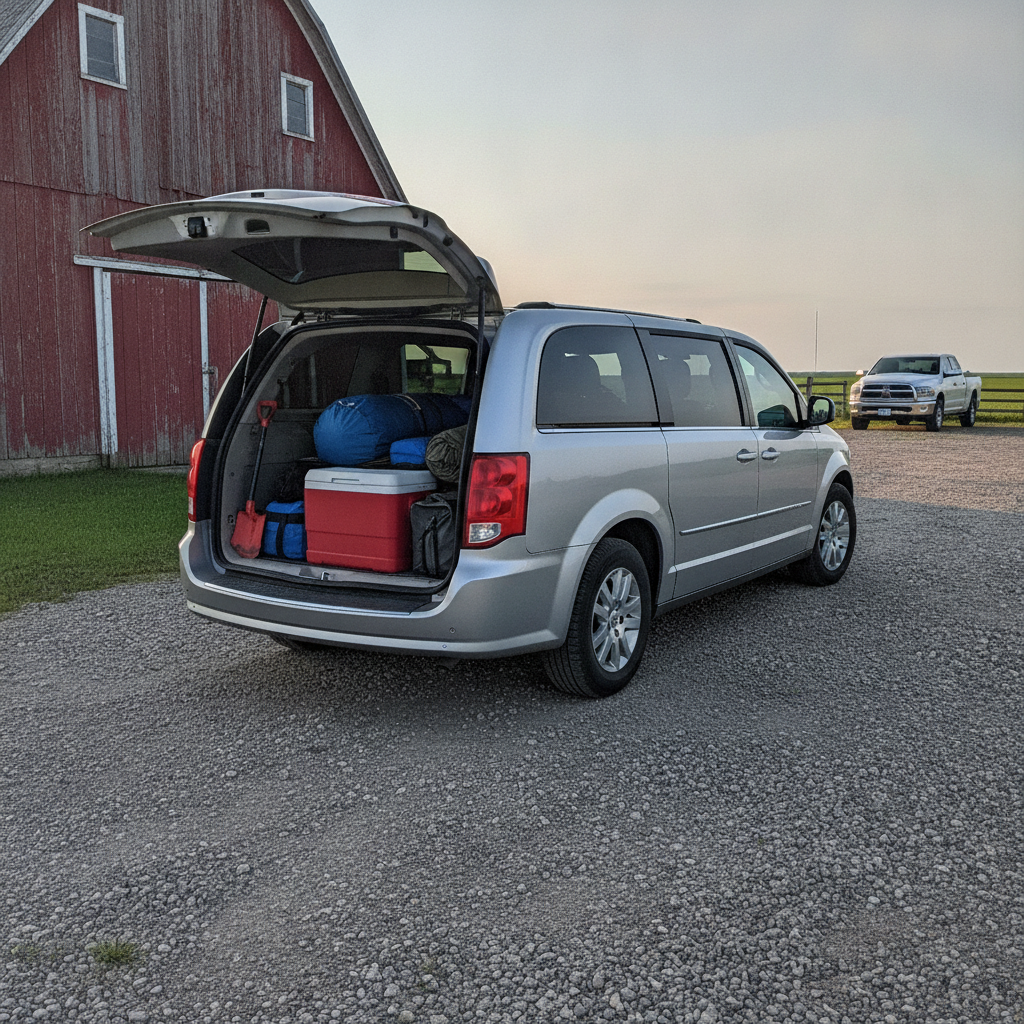 Silver Chrysler Grand Caravan with its liftgate open on a Manitoba farmyard