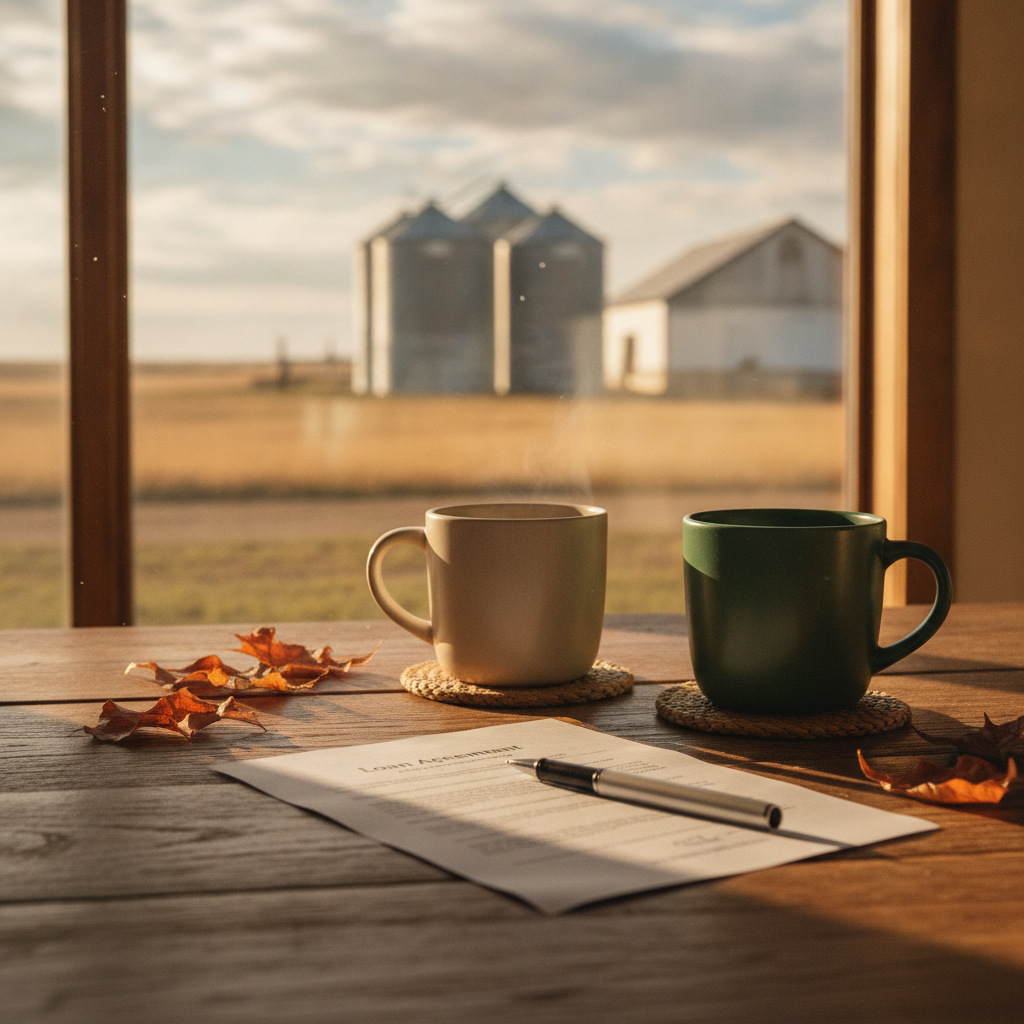 loan paperwork and two coffee mugs on a Manitoba farmhouse kitchen table