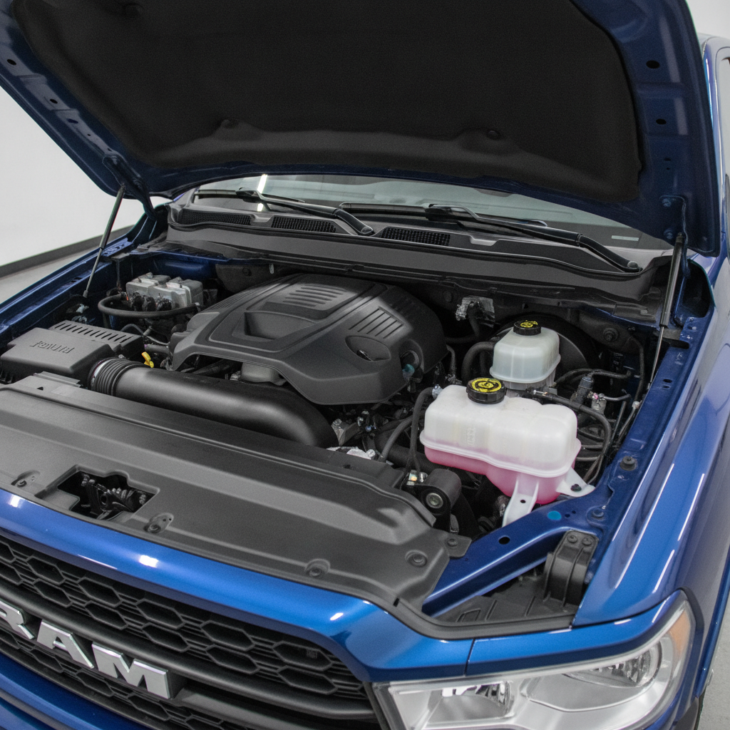 clean 6.7 litre diesel engine bay with the hood open under shop lights