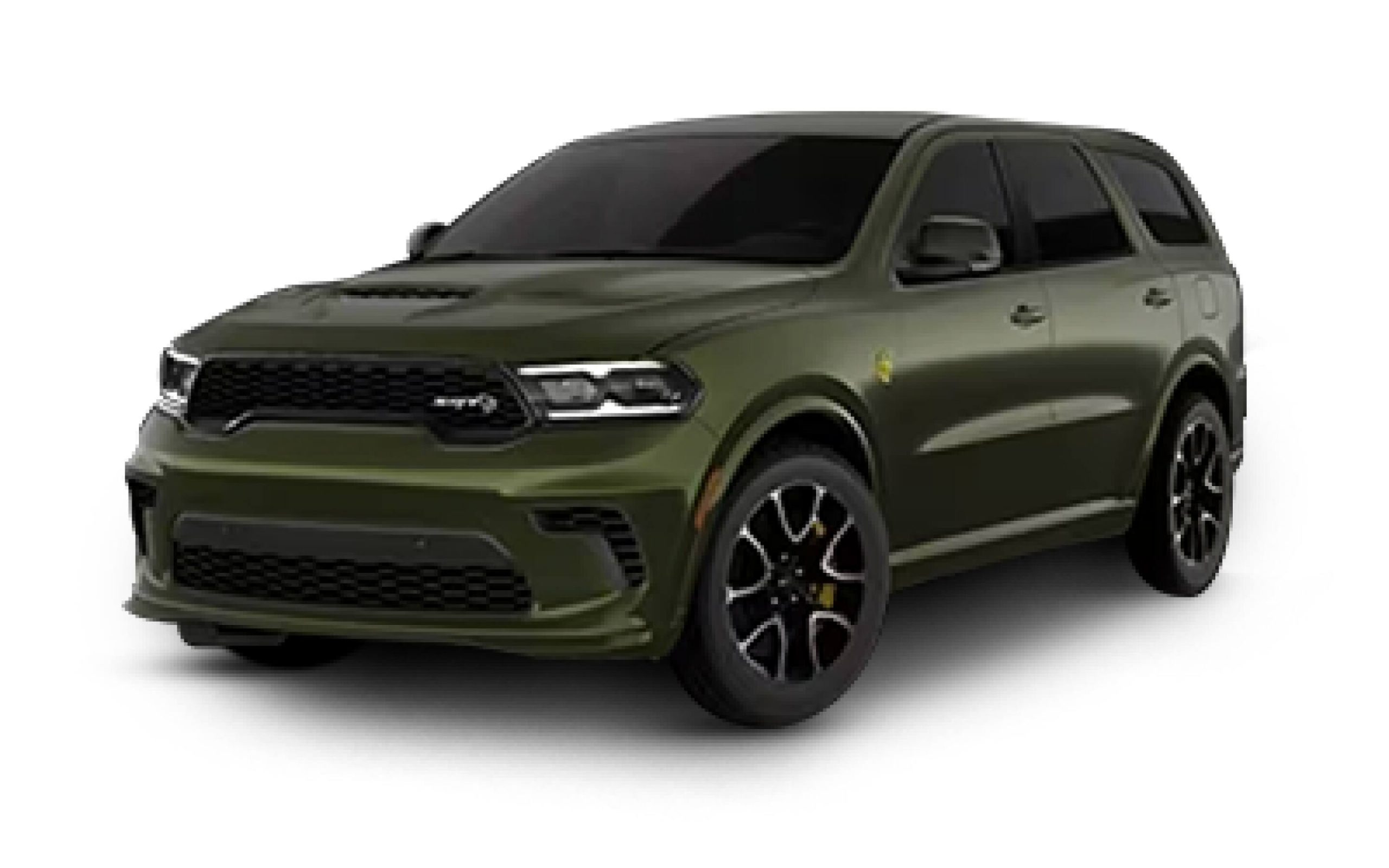 Dark green Dodge Durango SRT Hellcat, front three quarter studio view showing the SRT grille and fender badge