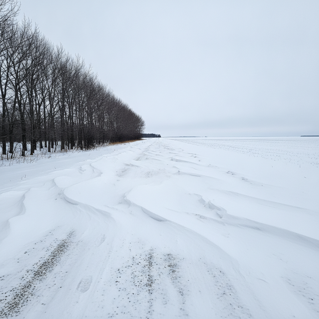 Drifted farm lane crossing snow covered Manitoba fields under a grey sky