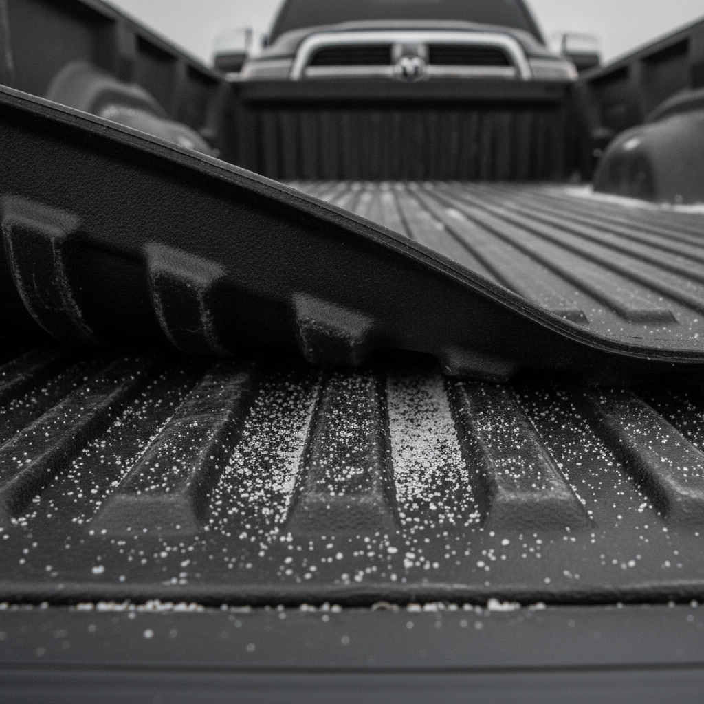 road salt and grit on the painted bed floor under the raised edge of a plastic drop in bed liner