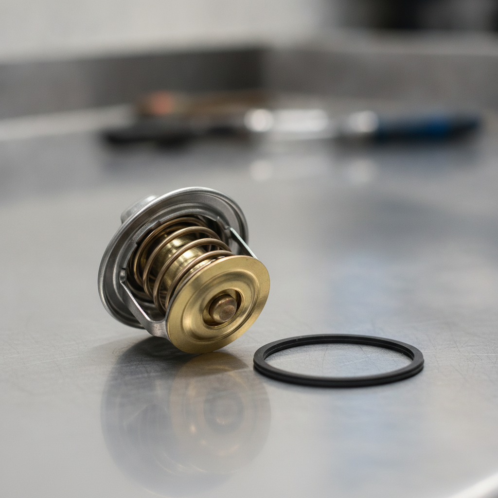 engine thermostat with its spring and valve beside a new gasket on a workbench