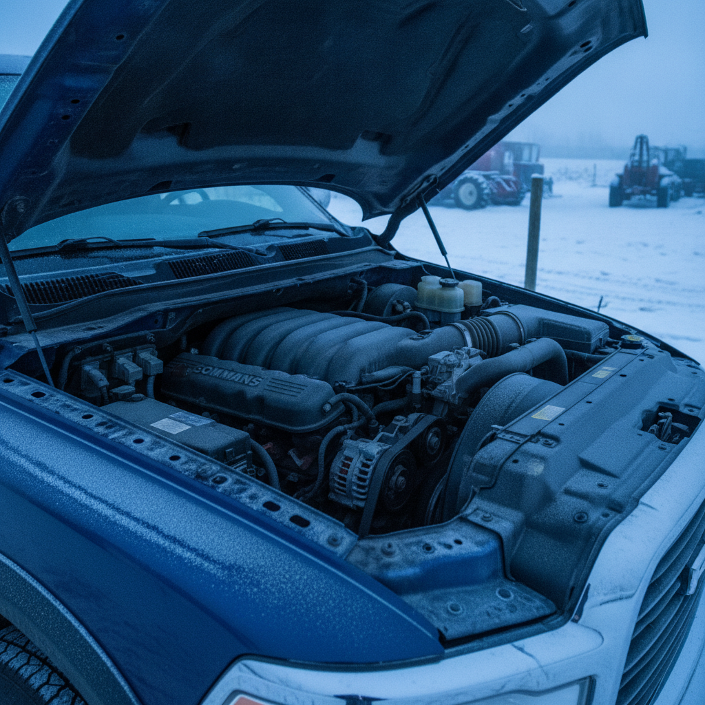 inline six diesel engine bay of a heavy duty pickup on a frosty winter morning