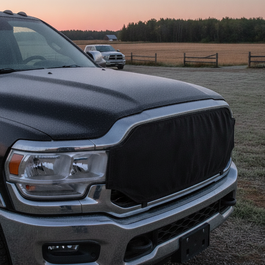 heavy duty pickup grille with a black winter front cover on a frosty prairie morning