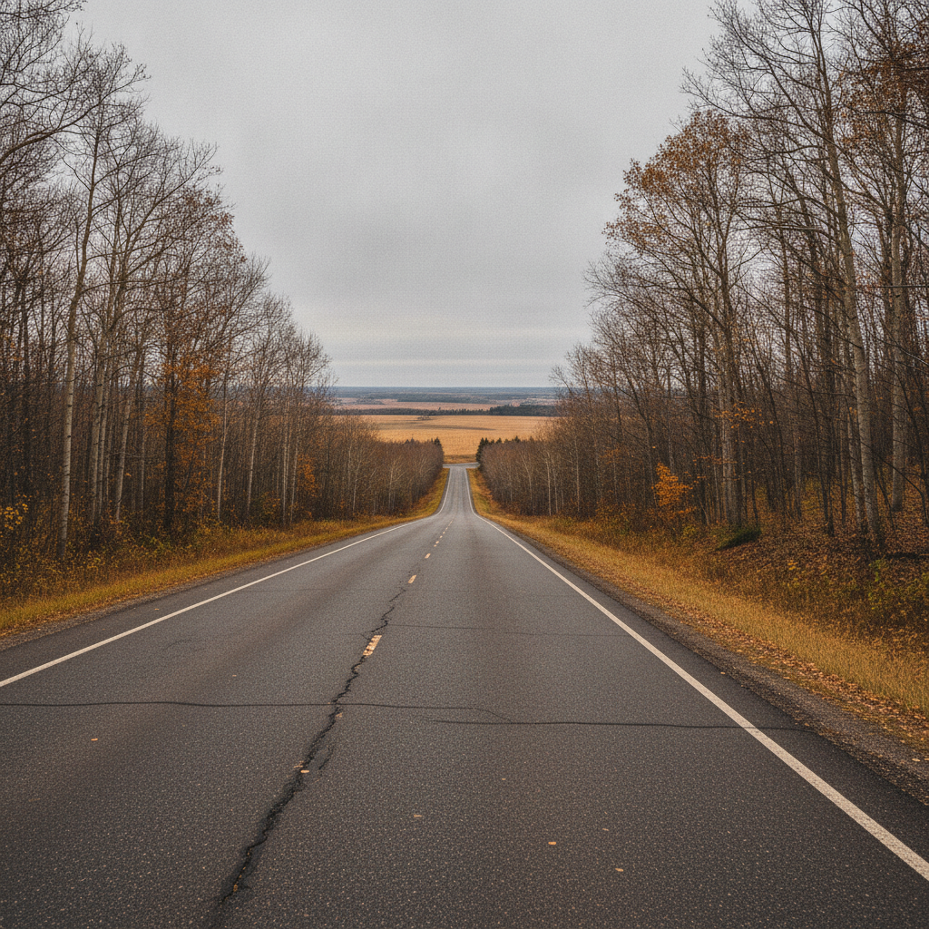 two lane highway climbing a wooded Manitoba escarpment in late fall
