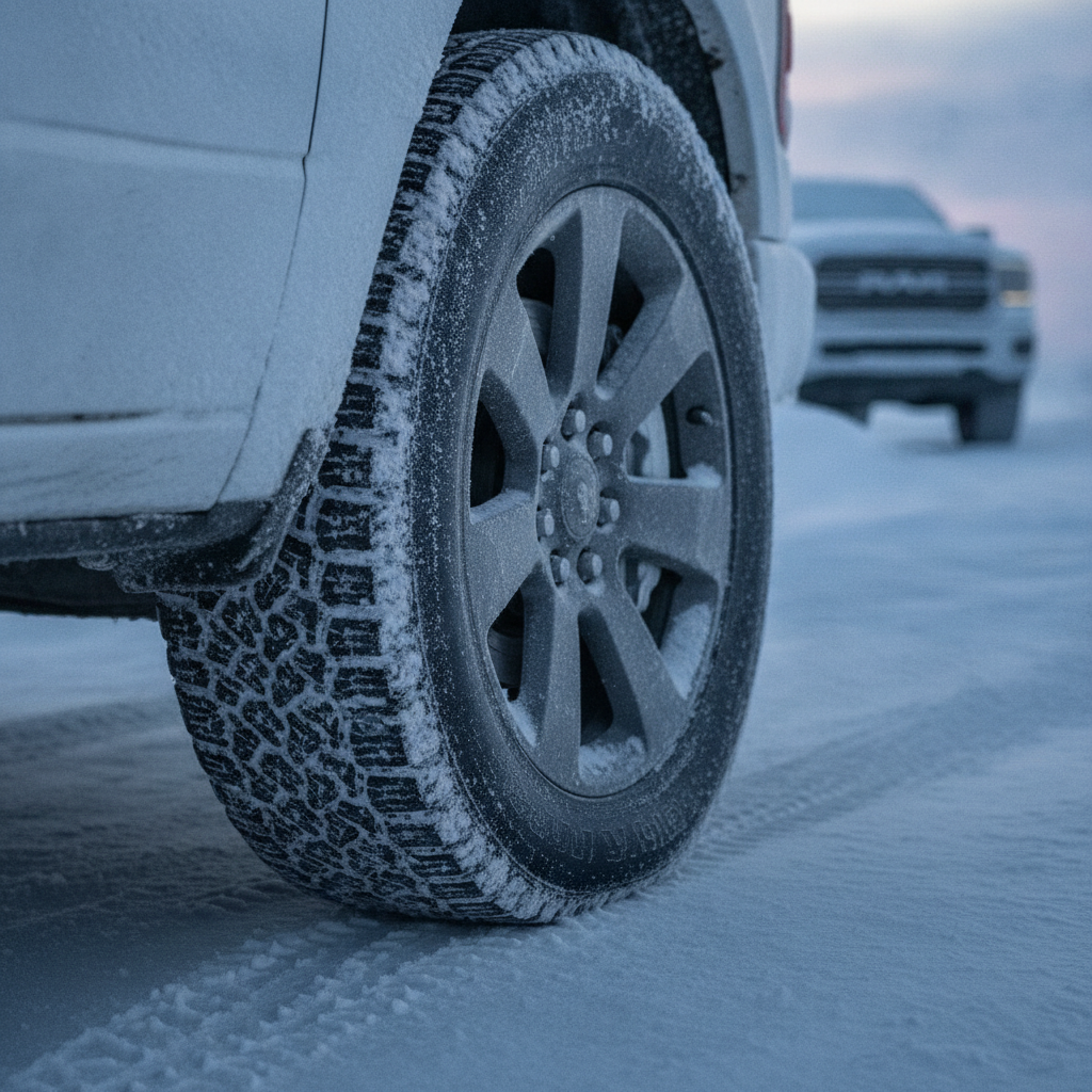 frost and ice on a rear brake rotor and caliper behind a pickup wheel on a cold morning